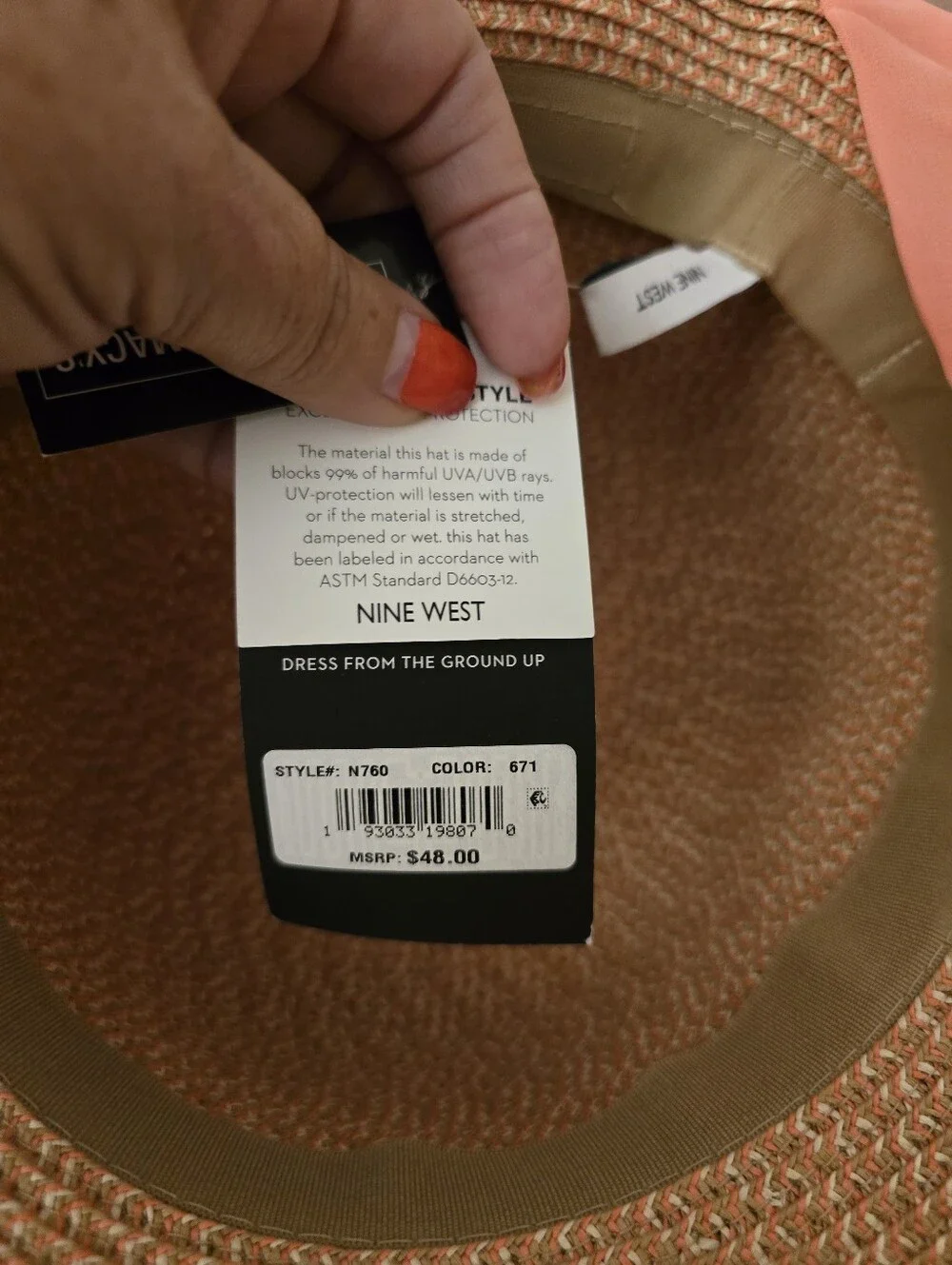 Nine West Natural Straw Sun Hat with Coral Band